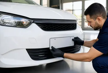 Profissional aplicando as placas em um veículo durante o processo de emplacamento.