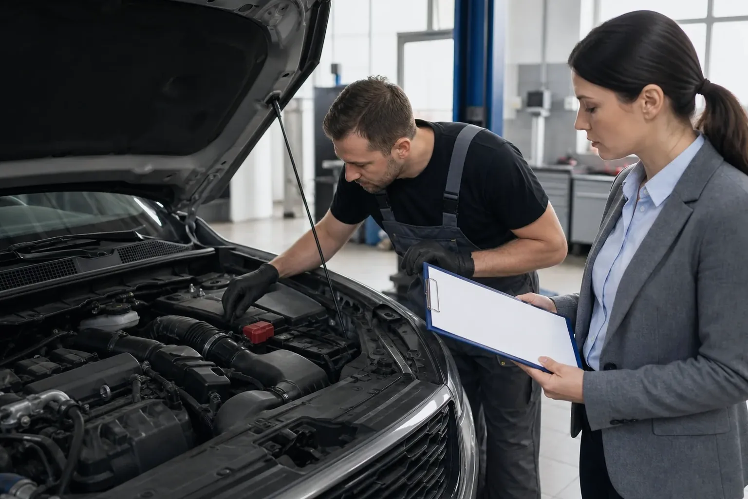 Profissional realizando o cadastro do motor de um veículo em um computador.